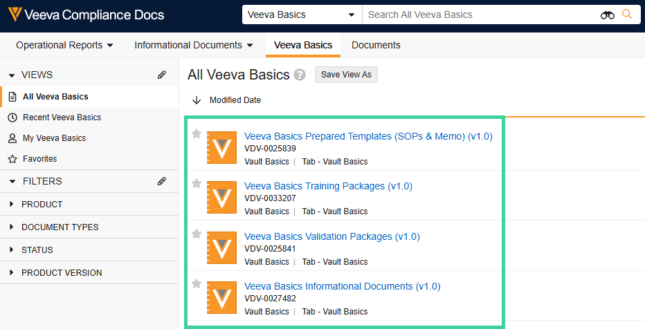 Compliance Docs Veeva Basics tab