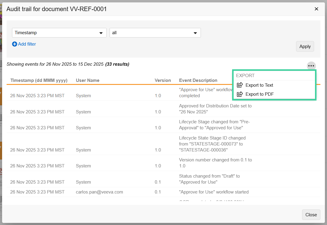 Screenshot of document audit trail export