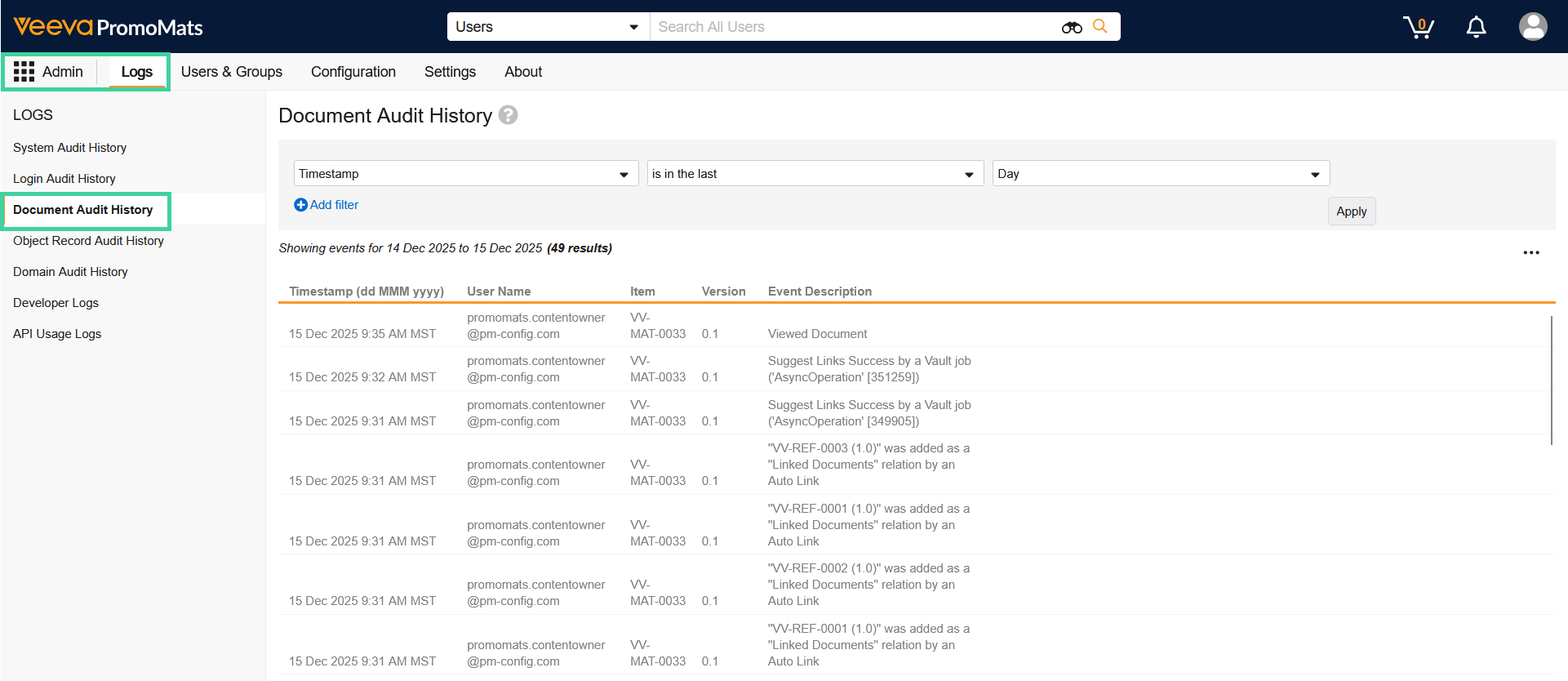 Screenshot of document audit history