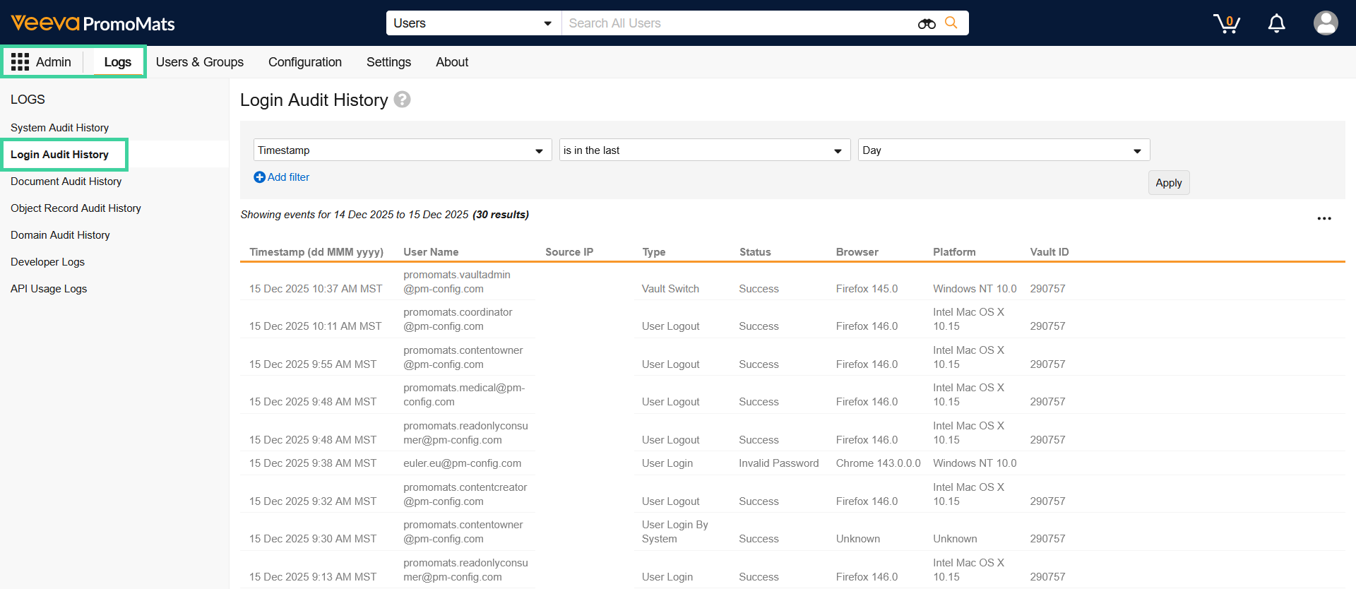 Screenshot of login audit history