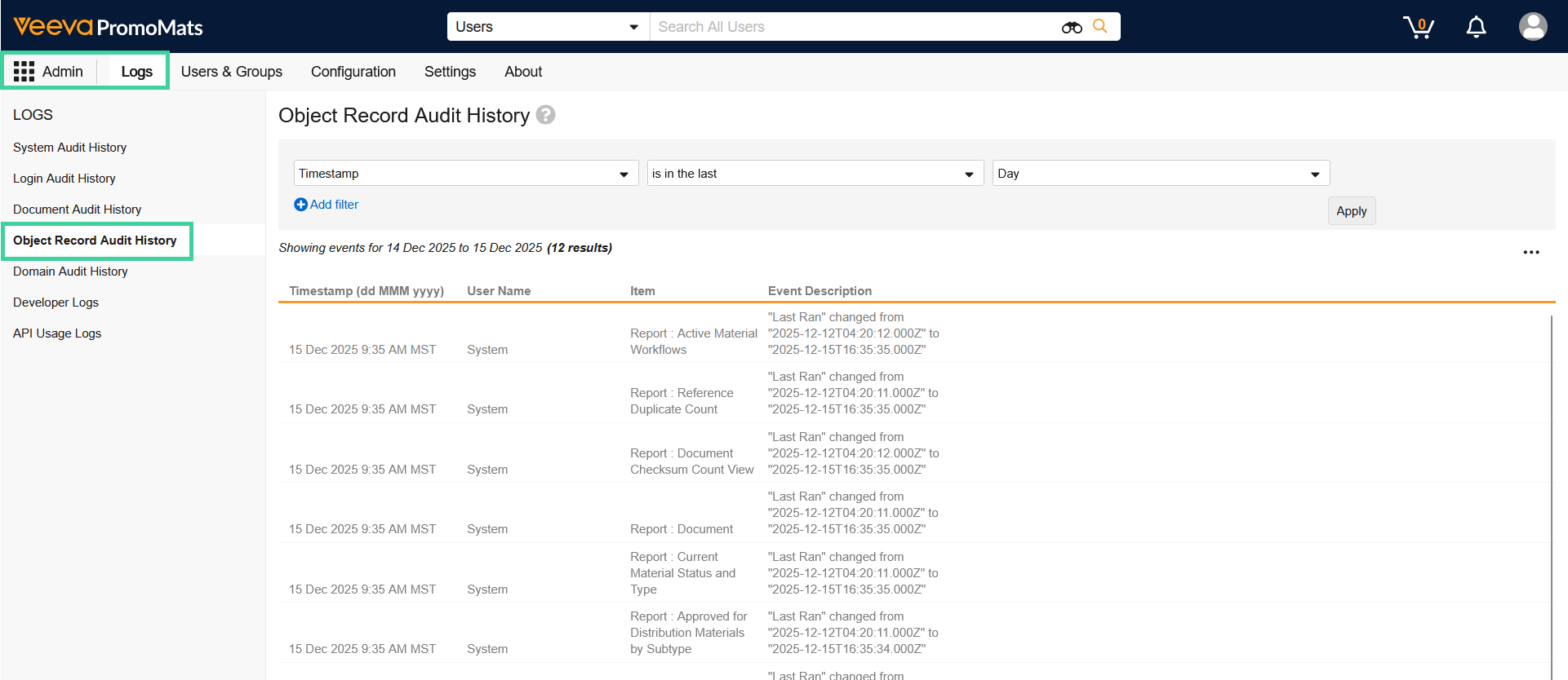 Screenshot of object record audit history