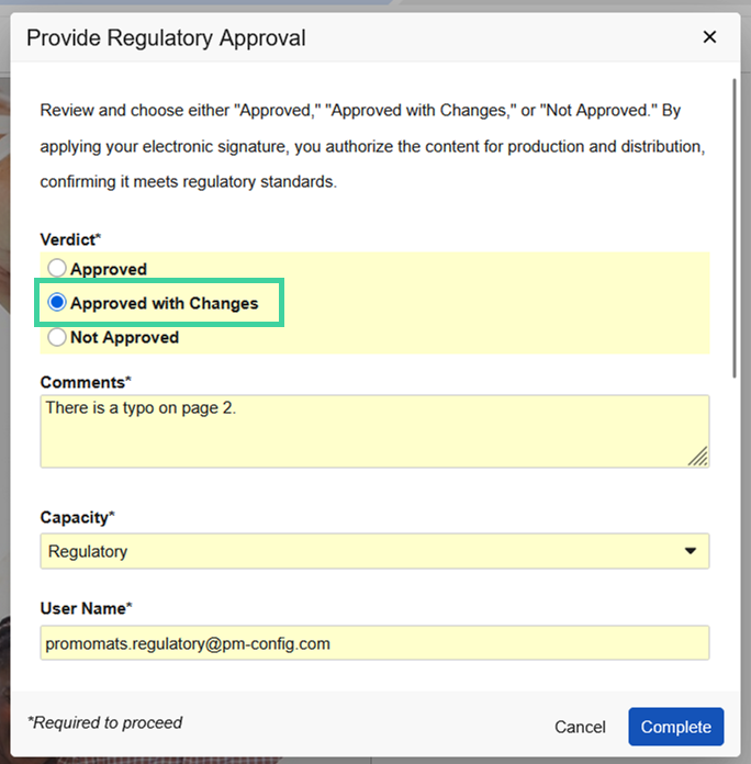 Screenshot of approved with changes option