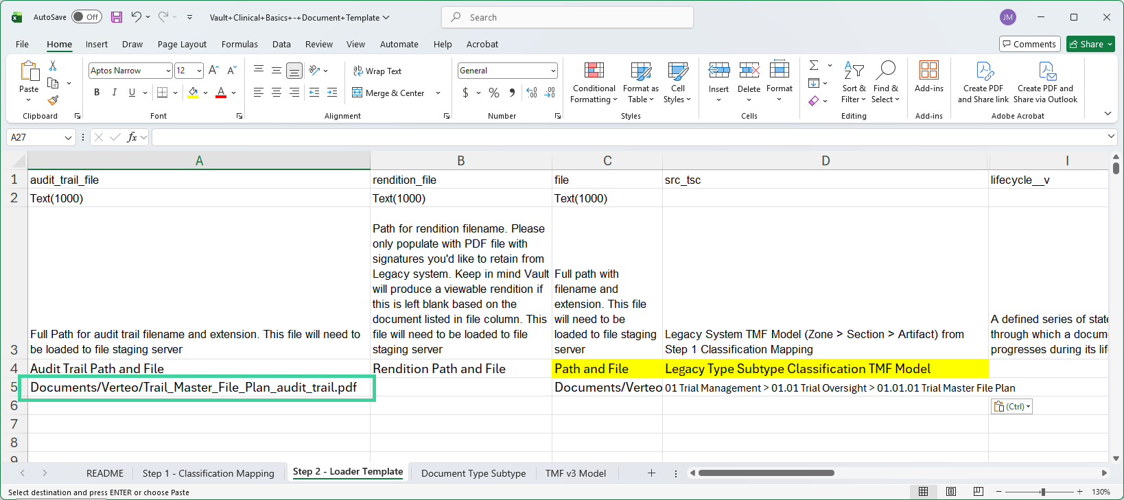 Screenshot of document template