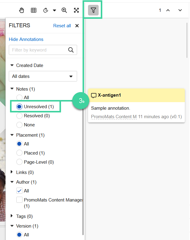 Screenshot of the filter annotations button