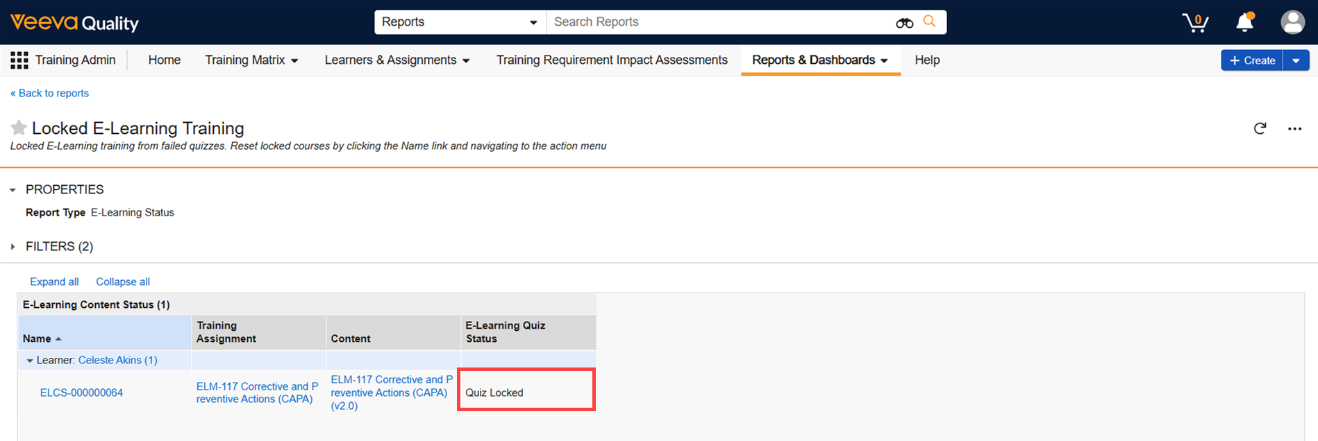 Screenshot locked e-learning training report