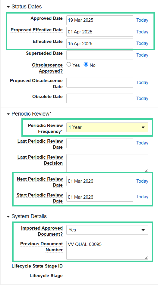 Screenshot of required fields for importing an Approved document