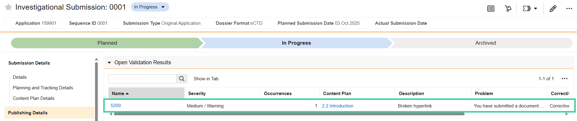 Screenshot example validation result