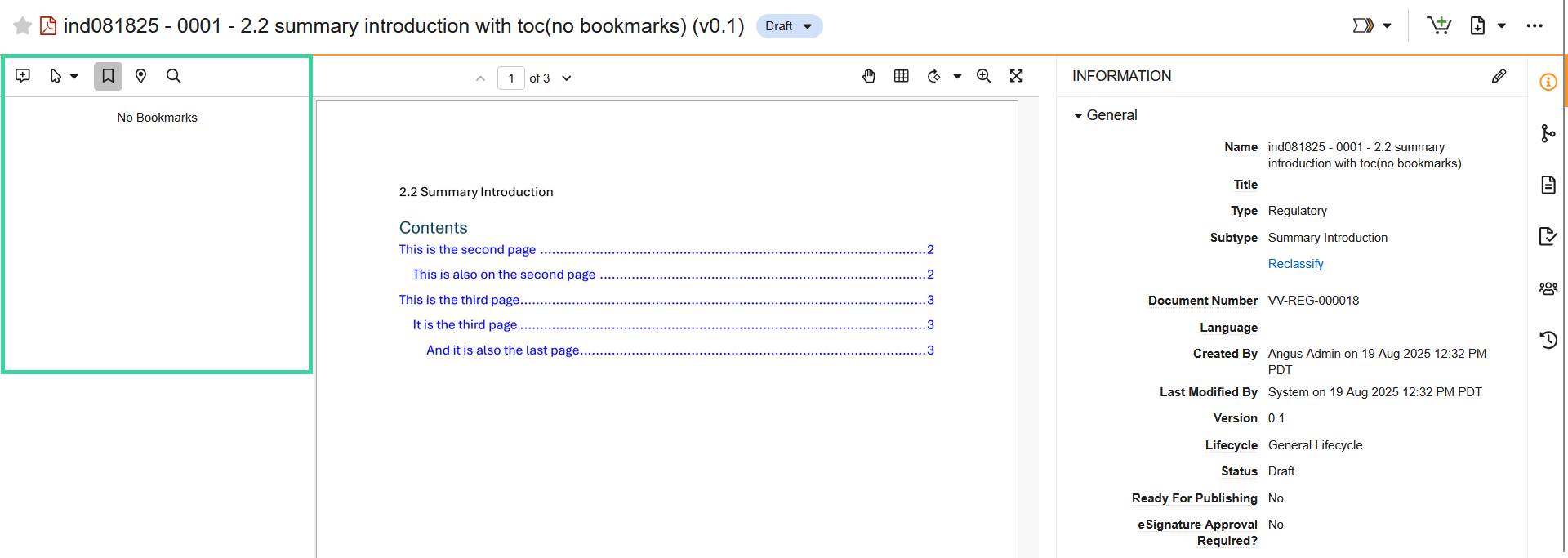 Screenshot of a rendition with no bookmarks