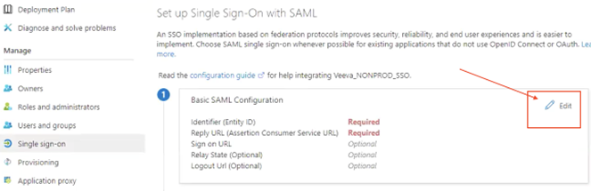 Location of the edit Basic SAML Configuration button on SSO page in Azure