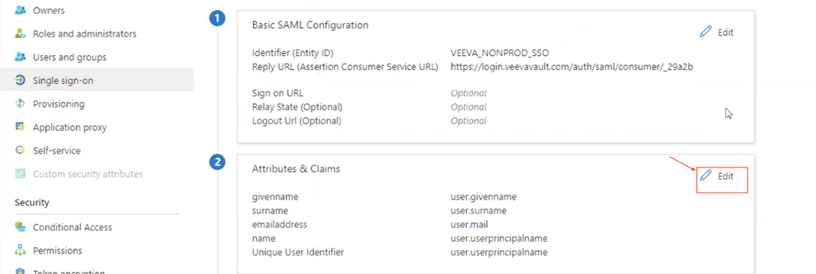 Location of the edit Attributes & Claims button on SSO page in Azure