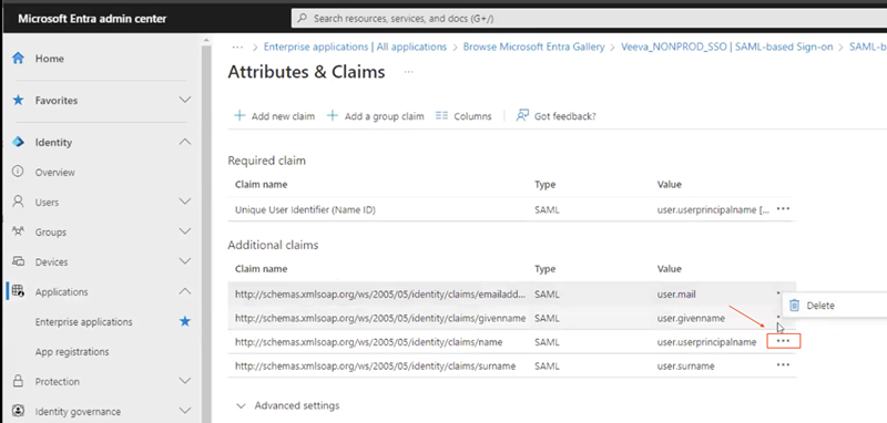Location of the options button on SSO page in Azure