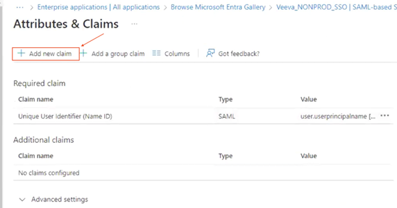 Location of the Add new claim button on SSO page in Azure