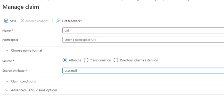 Filled in new SSO claim details in Azure