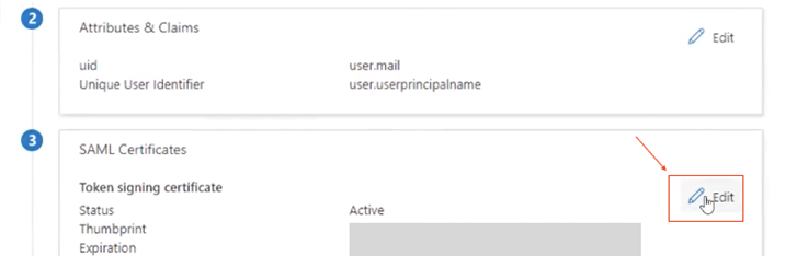 Location of the edit SAML Certificates button on SSO page in Azure