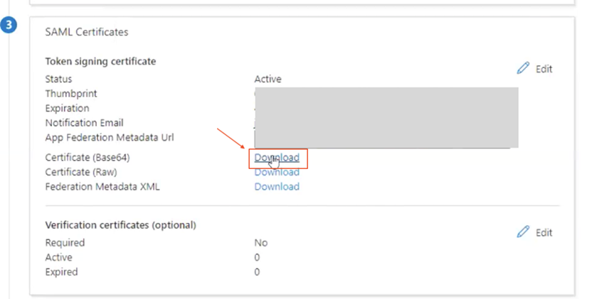 Location of certificate download button on SSO page in Azure
