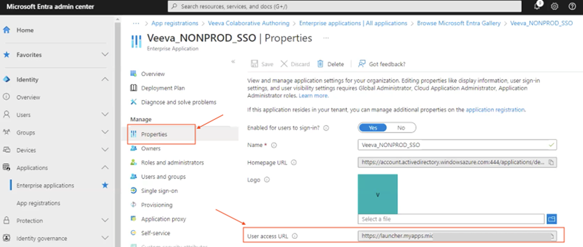 Location of User Access URL on SSO page in Azure