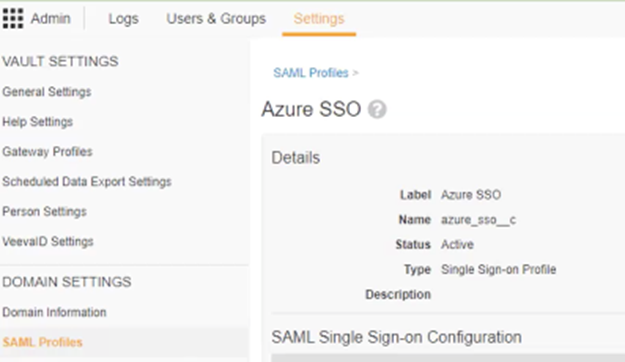 SAML profile on SSO page in Azure