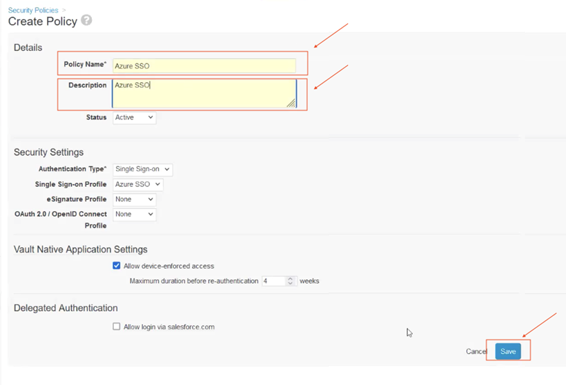 Created SSO security policy in Vault