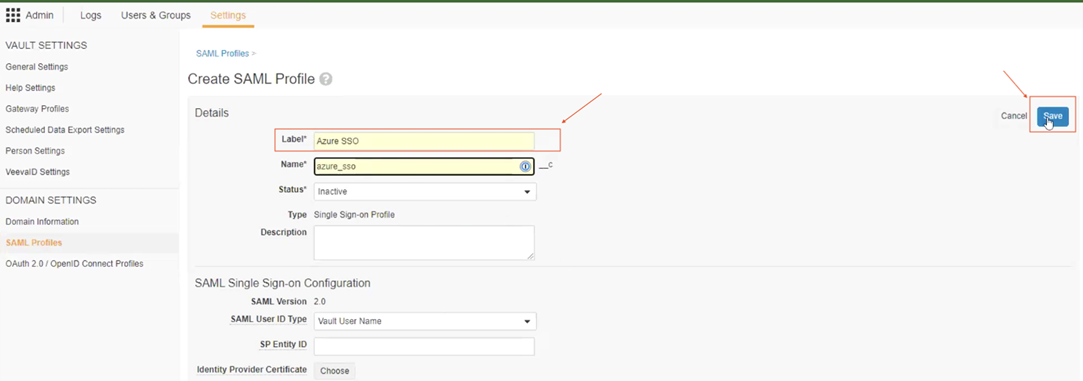 Create SAML profile page in Veeva Basics