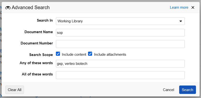 Screenshot highlighting search scope