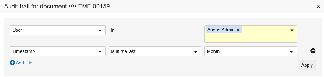 Screenshot of audit trail filters