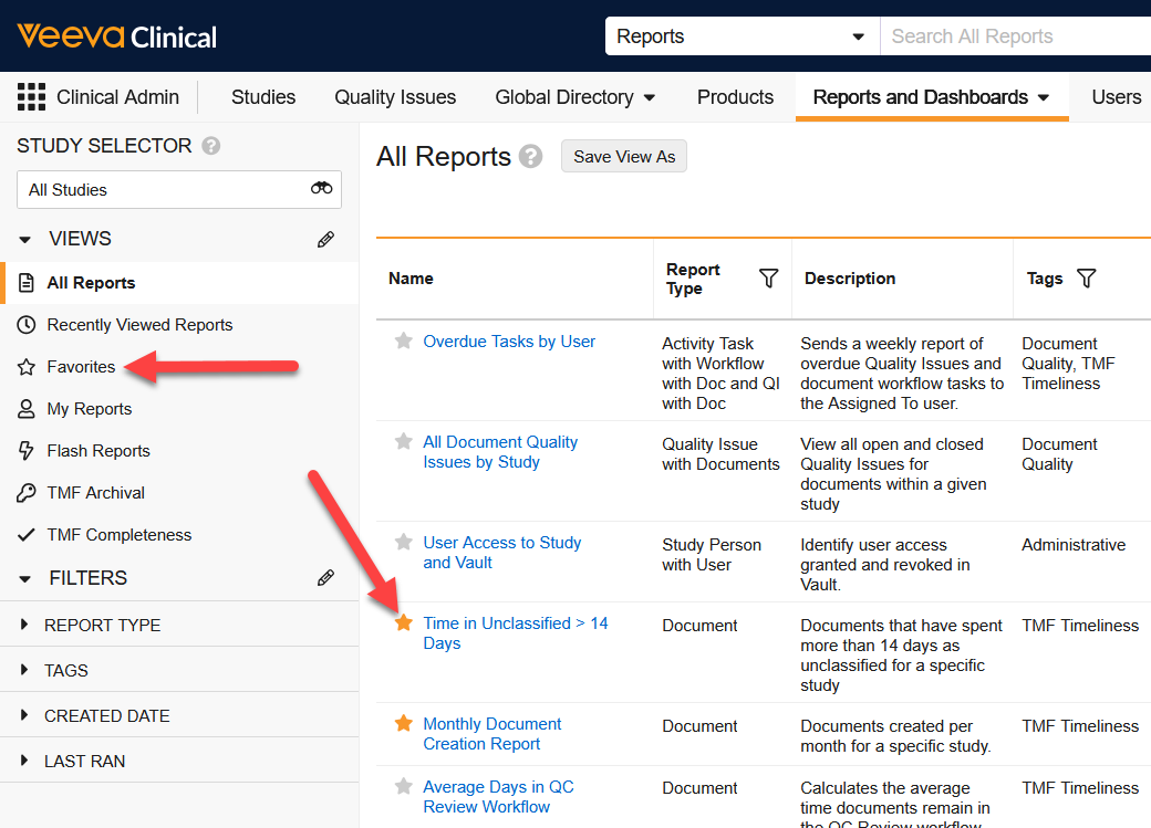 Screenshot of the favorites icon and view