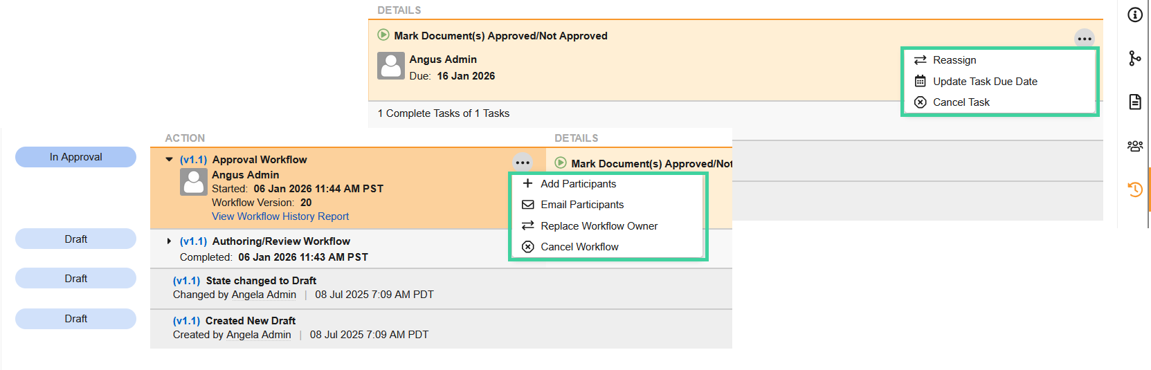 Screenshot of the Timeline View showing workflow and task action menus