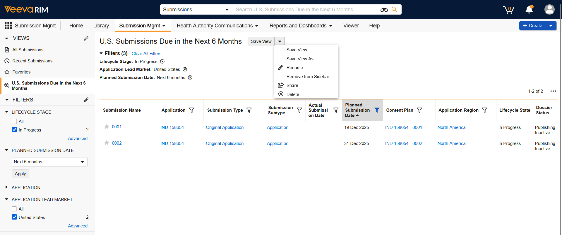 Image of saved view in Veeva Basics