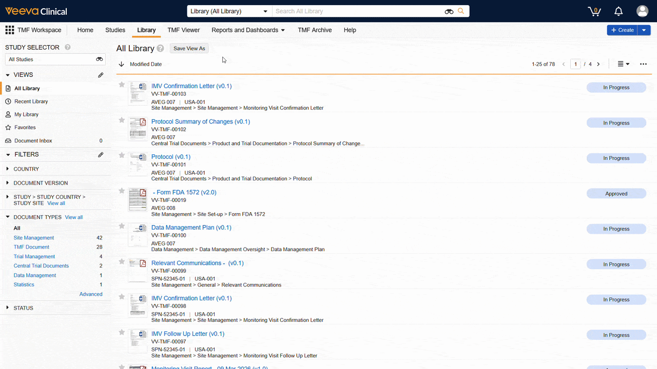 Screenshot of a list of document types in Clinical Basics