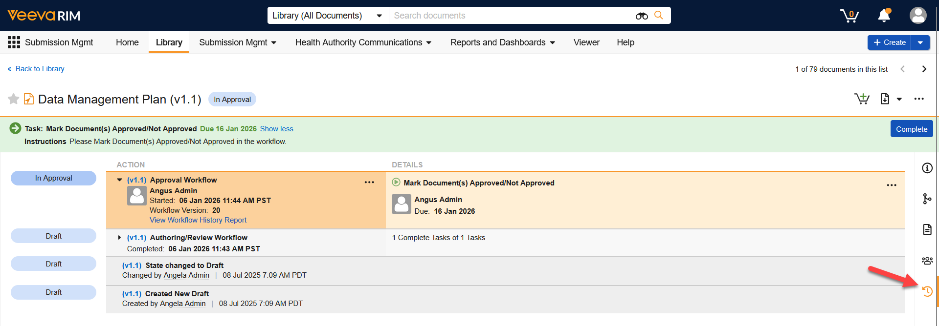 Screenshot of the Timeline View of a document in Veeva Basics