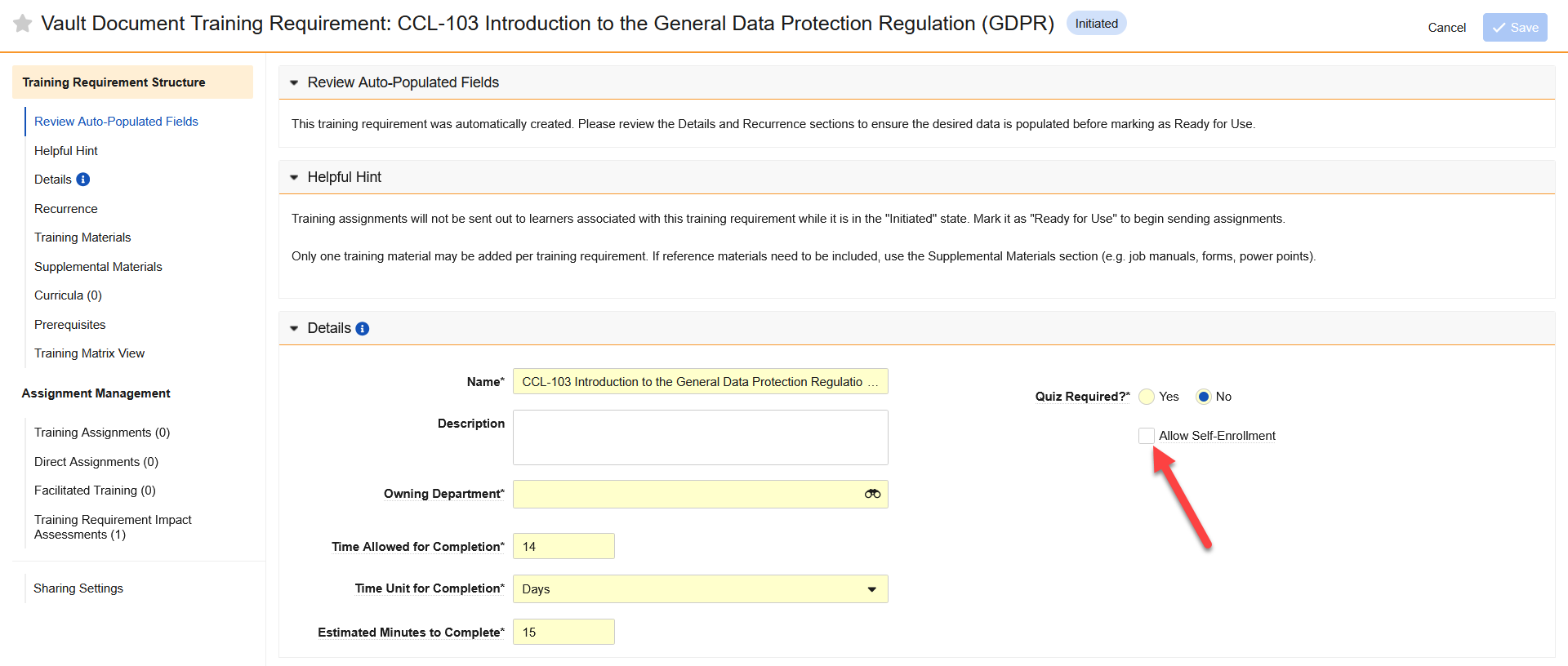 Screenshot of the Enable Self-Enrollment field