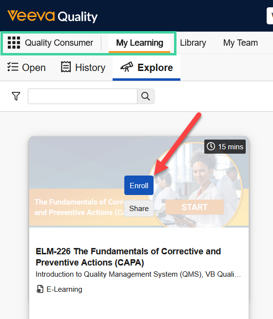 Screenshot of the Enroll button on a Training Requirement